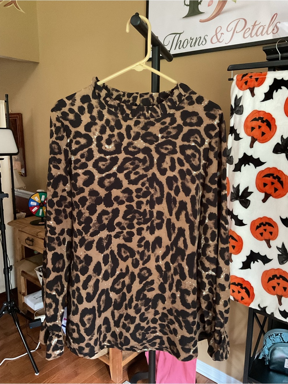 Leopard Print ruffle Neck Women’s Blouse - Brown/Black